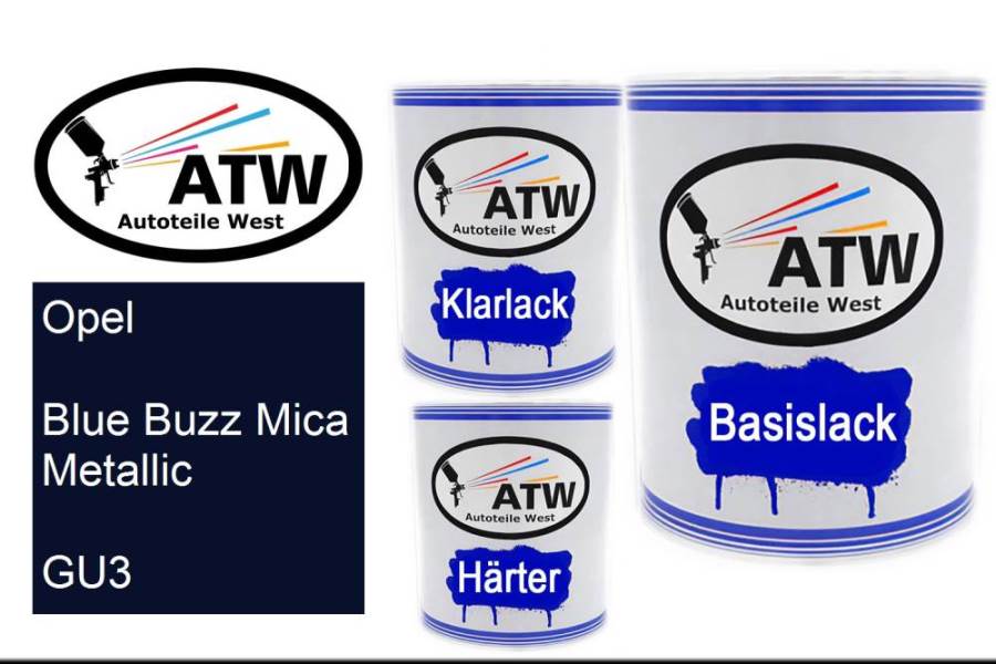 Opel, Blue Buzz Mica Metallic, GU3: 1L Lackdose + 1L Klarlack + 500ml Härter - Set, von ATW Autoteile West.